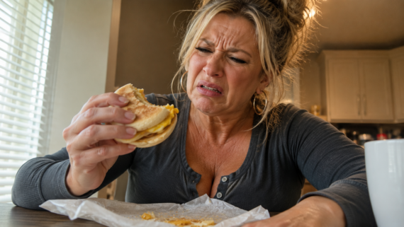 A woman sitting at a table holds a breakfast sandwich and makes a disgusted face, clearly unimpressed by what might be the worst fast-food breakfast. Sunlight streams in from a window nearby, and a white mug sits on the table.