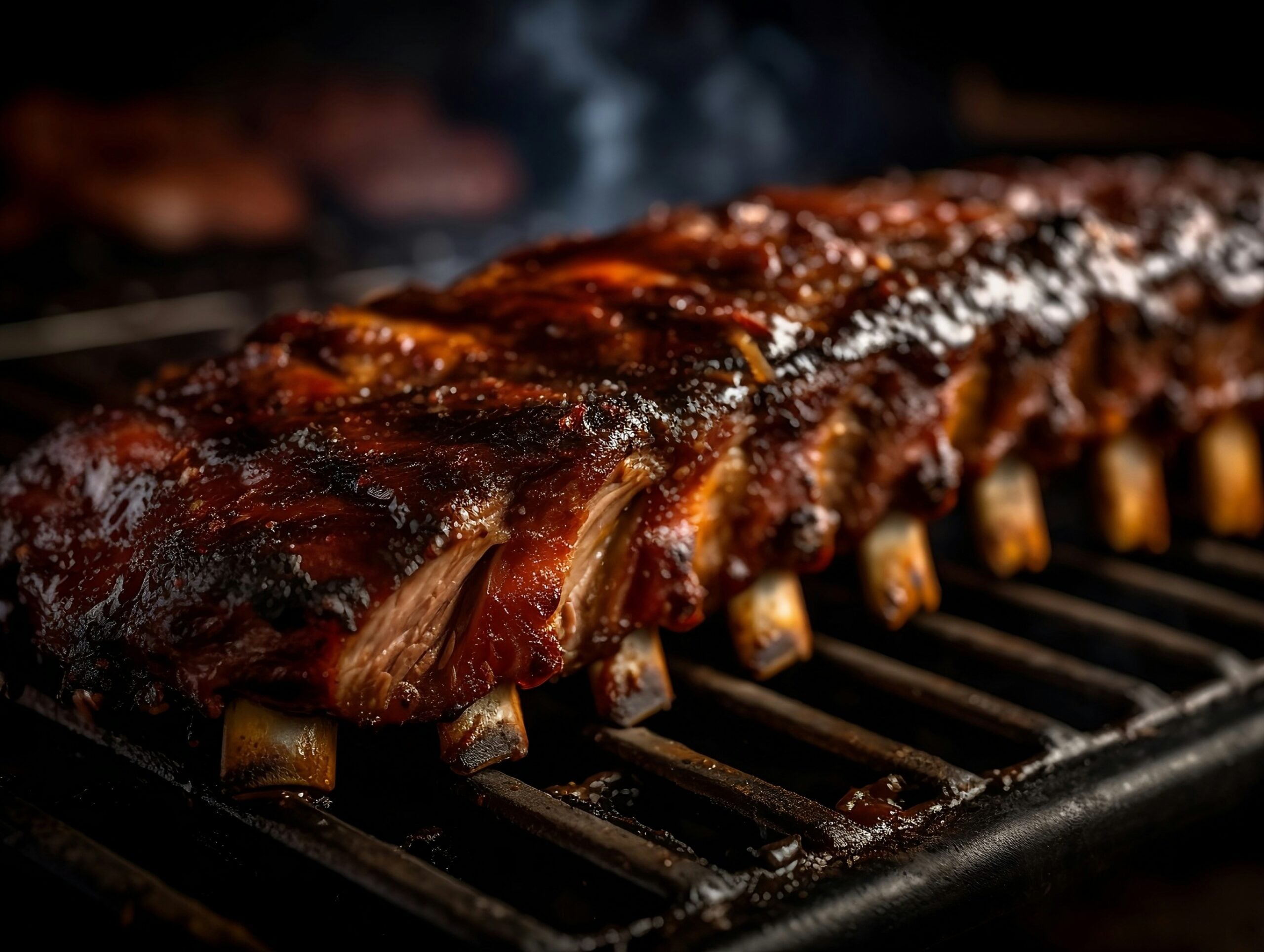 A rack of glazed, smoky barbecue ribs cooking on a grill, with visible caramelized sauce and tender meat.