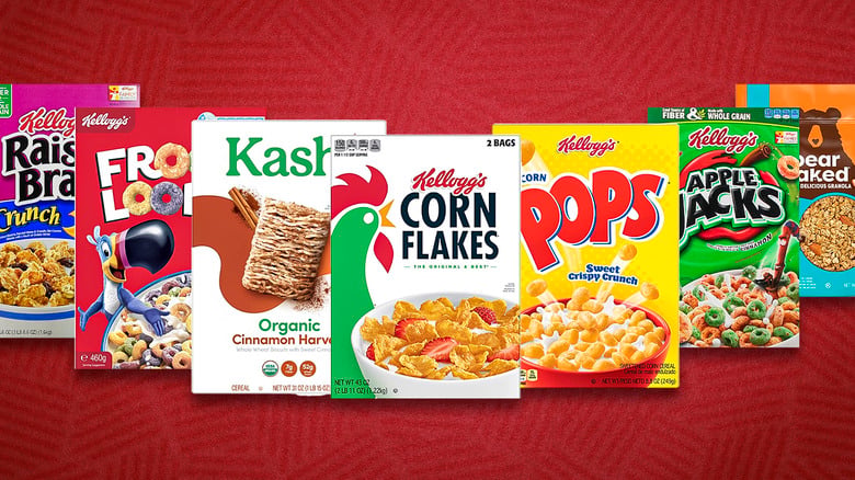 Six colorful cereal boxes, including Raisin Bran, Froot Loops, Kashi, Corn Flakes, Corn Pops, and Apple Jacks, are displayed side by side on a red textured background.