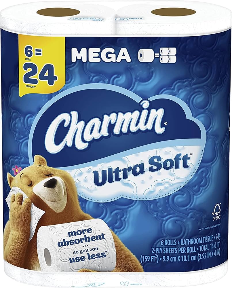 Package of Charmin Ultra Soft toilet paper, featuring a bear mascot hugging a roll. The pack contains 6 mega rolls, advertised as "more absorbent so you can use less." Blue background with white text and images.
