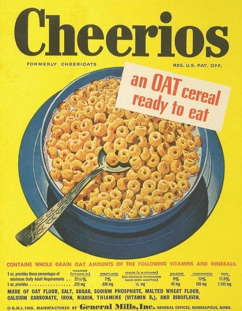 Vintage Cheerios cereal ad with a bowl of Cheerios and milk, a spoon inside the bowl, and a red label saying “an OAT cereal ready to eat” on a yellow background. Text below lists vitamins and minerals, highlighting one of the most popular foods in the 60s and 70s.