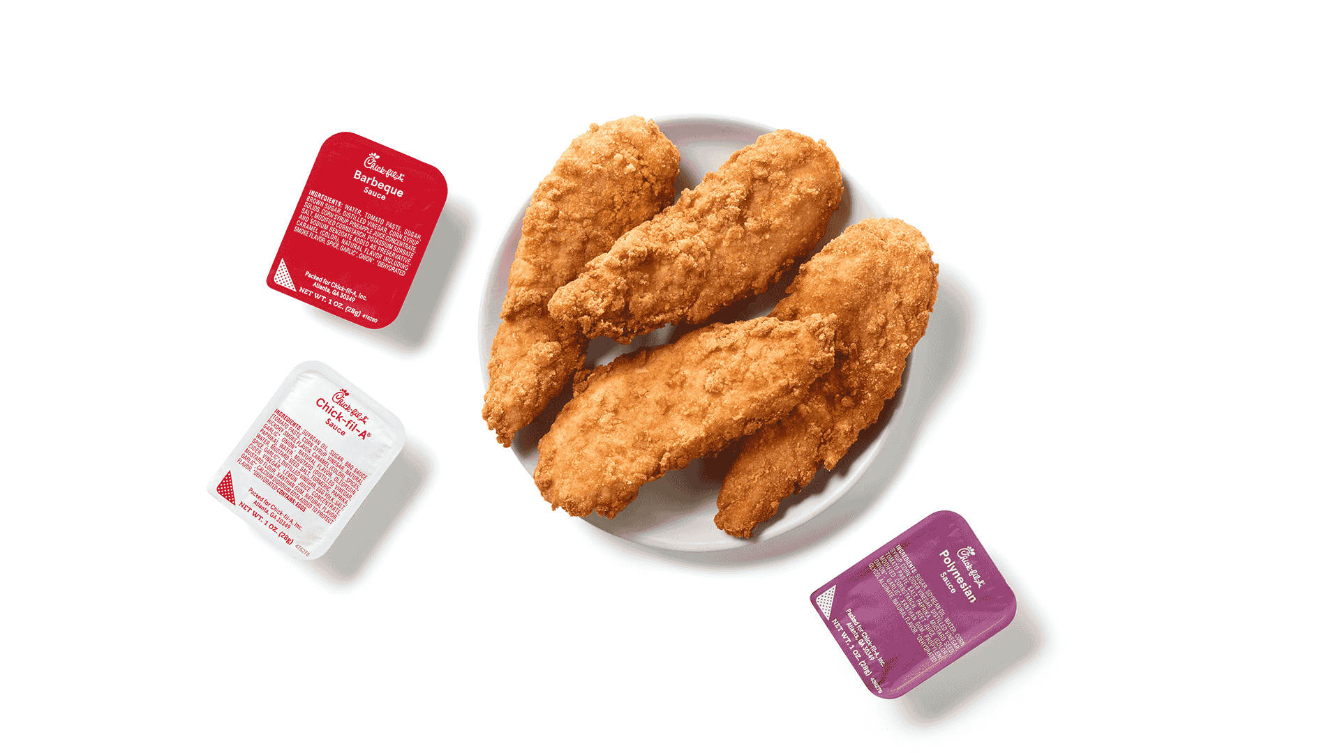 A plate with four breaded chicken tenders, surrounded by three Chick-fil-A dipping sauce containers on a white background, highlights why fried chicken chains are beloved for their crispy, flavorful offerings.