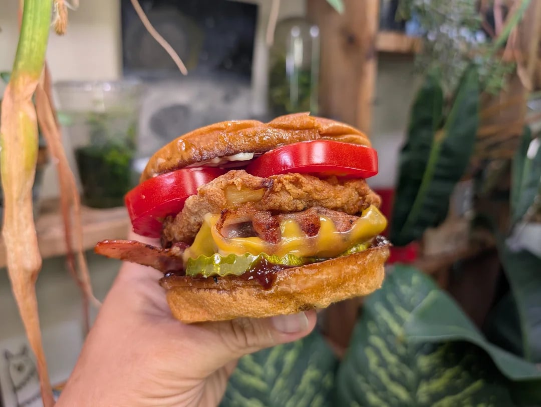A hand holds a sandwich with fried chicken, crispy bacon, pickles, melted cheese, thick tomato slices, and barbecue sauce, all in a toasted bun. Green plants and wooden shelves are blurred in the background.