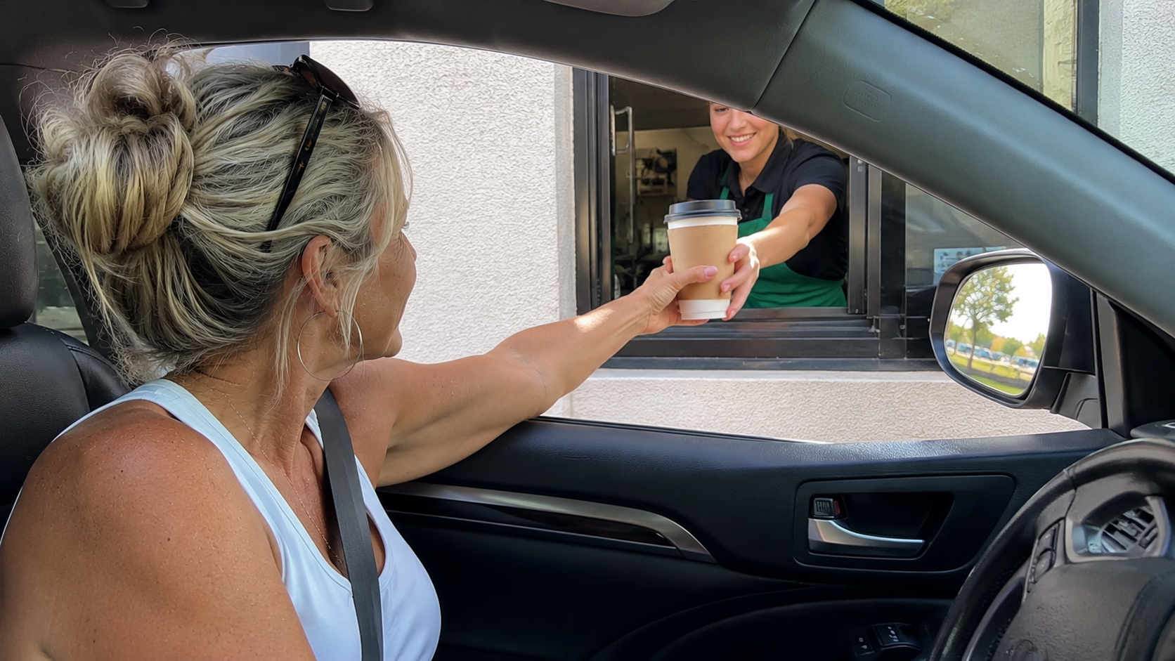 A woman in a car reaches through the driver’s window to receive a cup of Drive-Thru Coffee from a smiling barista. The woman is wearing sunglasses on her head and a sleeveless white top.
