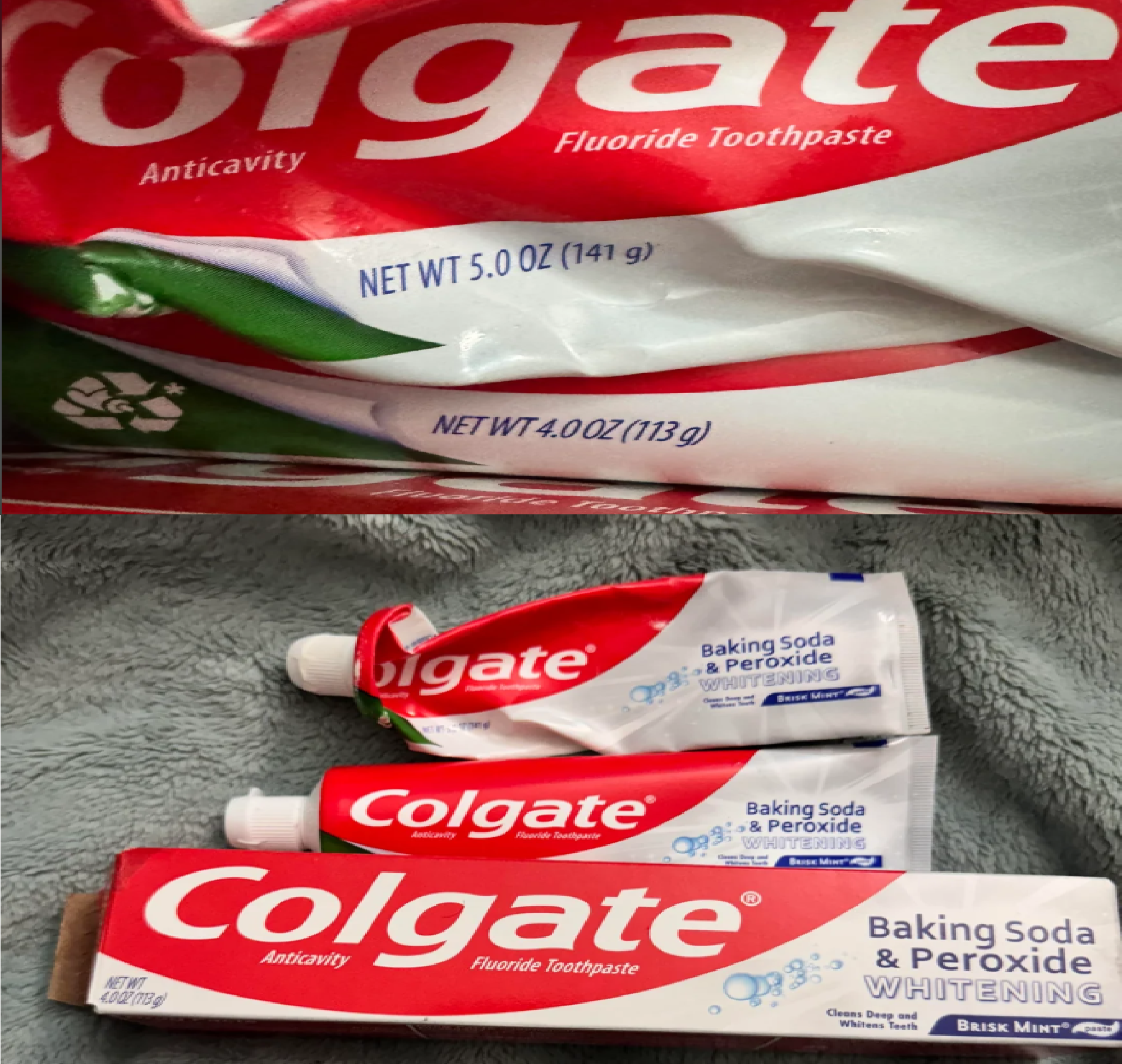 Two Colgate toothpaste tubes and a box, labeled "Baking Soda & Peroxide Whitening" and "Anticavity Fluoride Toothpaste," are shown, with packaging sizes of 5.0 oz and 4.0 oz visible—an example often highlighted in photos of shrinking products.