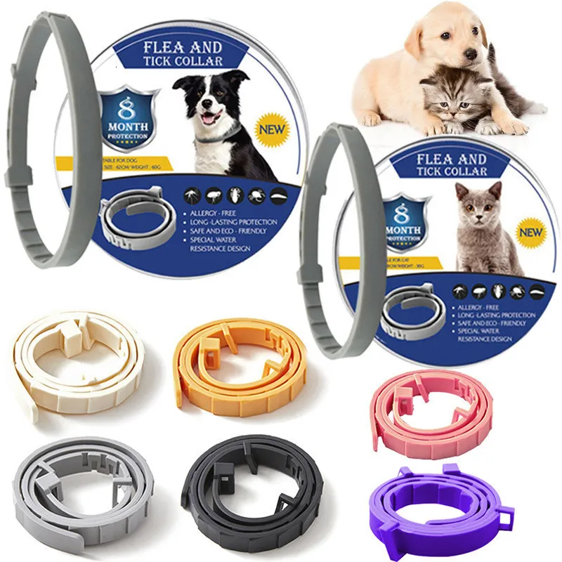 Pet flea and tick collars in various colors are shown with packaging for dogs and cats. Two puppies and a kitten are pictured on the top right. The packaging highlights 8 months of protection.