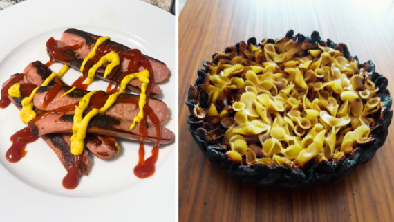 Two food dishes: left, burnt hot dogs sliced and covered with ketchup and mustard on a white plate; right, a burnt pie crust filled with bow-tie pasta on a wooden table&mdash;these hilarious photos capture the quirky side of culinary experiments gone awry.