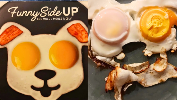 A black egg mold shaped like a cat&rsquo;s face is shown beside a cooked egg using the mold, resembling a cat with two yolk &ldquo;eyes,&rdquo; bacon &ldquo;ears,&rdquo; and a quirky fried-egg face&mdash;perfect for adding some fun to breakfast or even recreating your favorite funny cooking fails at home.