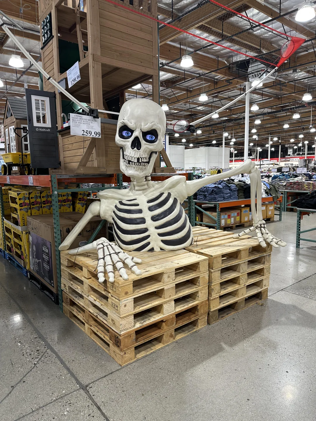 A giant skeleton decoration with blue eyes sits on stacked wooden pallets in a warehouse store aisle, surrounded by products and tall shelves.