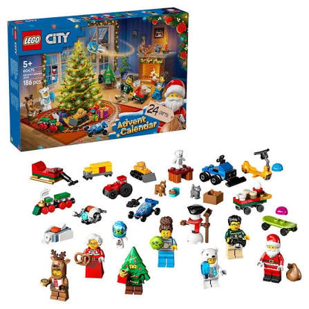 LEGO City Advent Calendar set with a decorated box and 24 small LEGO builds, including vehicles, gifts, minifigures, and festive accessories, arranged in front.