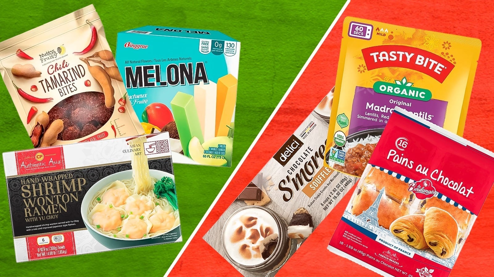 An assortment of international packaged foods, including tamarind bites, Melona bars, shrimp ramen, chai mix, Madras lentils, and pains au chocolat, displayed on red and green backgrounds.