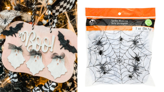 Left: Halloween sign with &ldquo;Boo!&rdquo;, ghosts, and bats. Right: Package of spider webbing with plastic spiders&mdash;both are fun Dollar Tree Halloween finds perfect for spooky decorating on a budget.