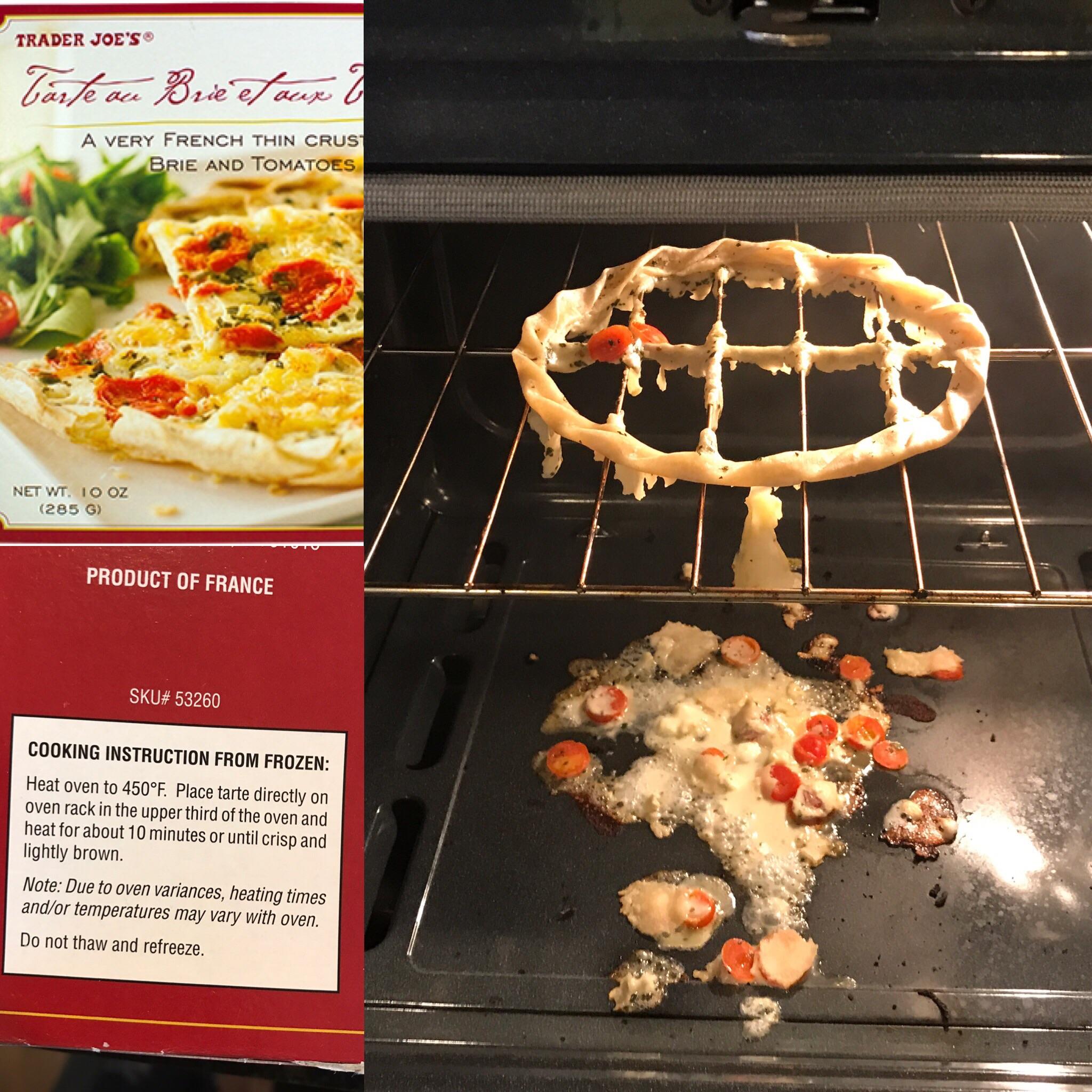 A frozen tart box shows how it should look, but in the oven, the crust collapsed, and toppings spilled onto the rack and oven floor, with burnt cheese and tomatoes scattered below.