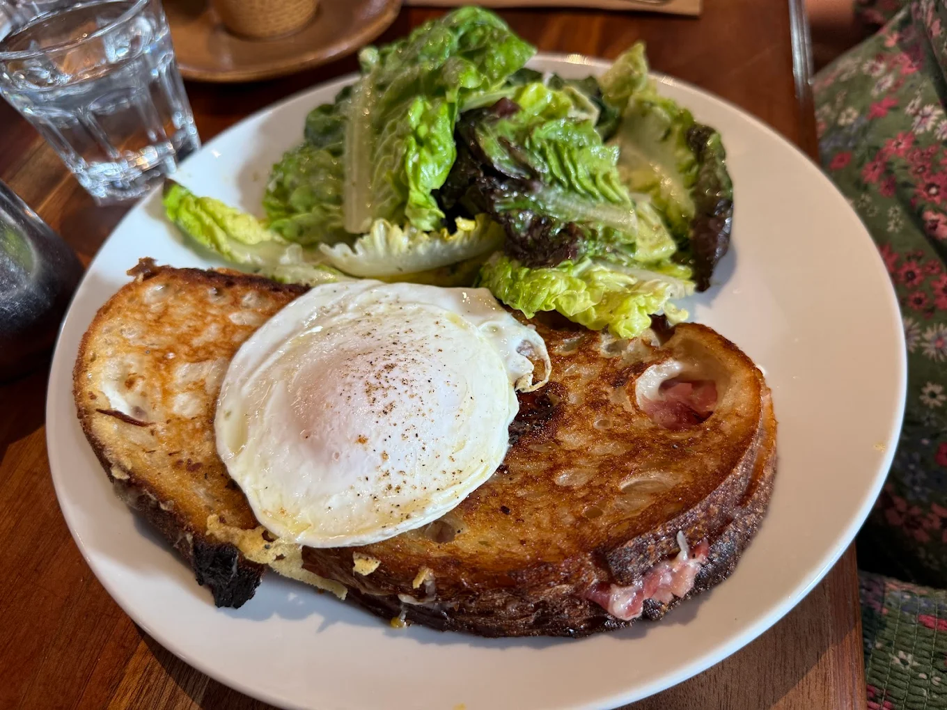 A white plate with a piece of toast topped with a sunny-side-up egg and melted cheese, served with a side of leafy green salad. A glass of water is in the background.