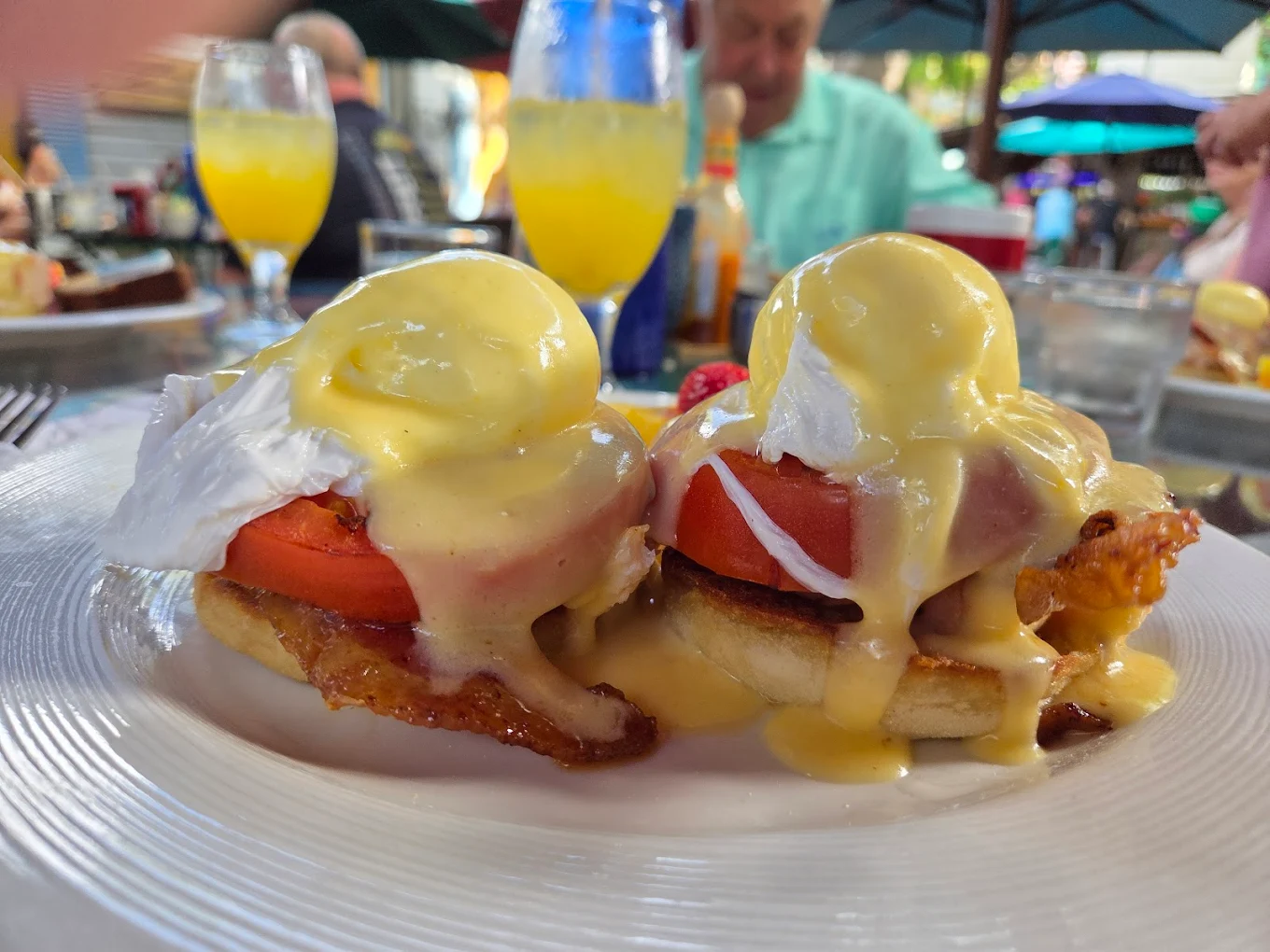 Two eggs Benedict with poached eggs, tomato, Canadian bacon, and hollandaise sauce on English muffins, served on a white plate. In the background are drinks and people dining outdoors.
