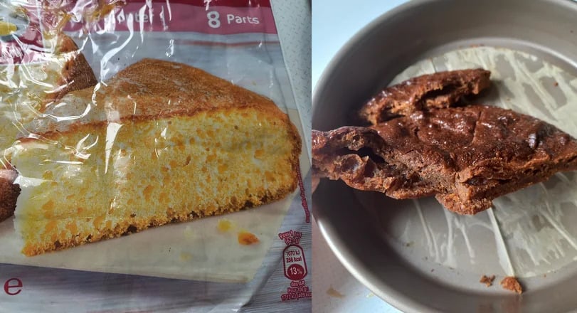 A packaged yellow sponge cake is shown on the left, while a homemade, cracked, and deflated brown cake sits unevenly in a round baking pan on the right.