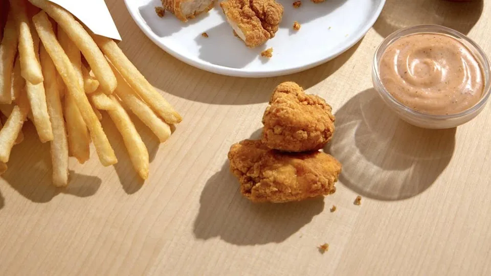 French fries, two pieces of fried chicken reminiscent of popular fried chicken chains, a plate with cut chicken pieces, and a small cup of dipping sauce are arranged on a light wood table in bright natural light.