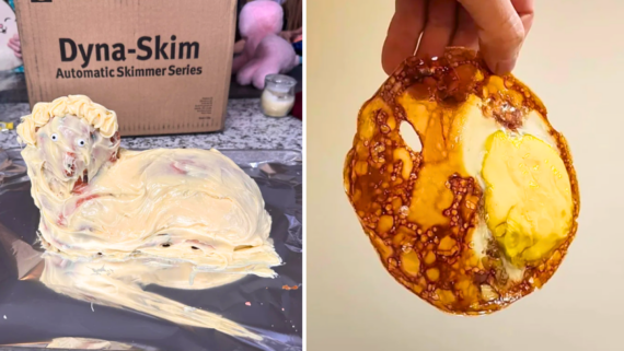 Left: A messy lamb-shaped cake with frosting next to a box&mdash;one of those hilarious funny food fails you can&rsquo;t help but laugh at. Right: A hand holds a thin, lacy pancake with a pat of butter on it.