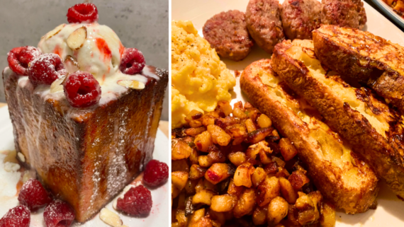 Left: Toast topped with ice cream, raspberries, and sauce. Right: Plate with sausage patties, scrambled eggs, potato hash, and slices of French toast inspired by classic french toast recipes.