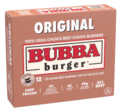 Box of BUBBA burger Original 100% USDA Choice Beef Chuck Burgers, 12 one-third pound patties, 4 lbs total. The box is brown with bold red and white lettering and product details.