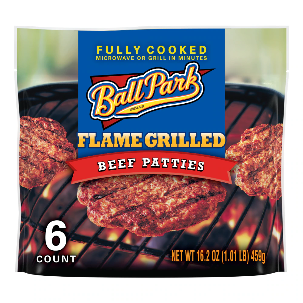 A package of Ball Park Flame Grilled Beef Patties shows three cooked patties over a grill, with text stating “6 Count,” “Fully Cooked,” and net weight 16.2 oz (459g) on the front.