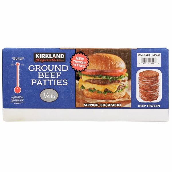 Kirkland Signature Ground Beef Patties box, showing a cooked burger, raw patties stacked on the right, and instructions to keep frozen.