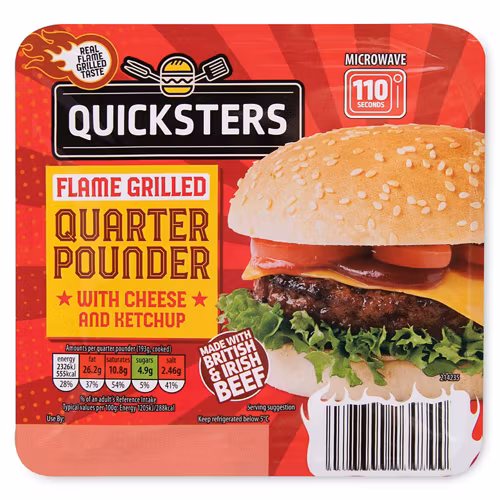 A Quicksters Flame Grilled Quarter Pounder burger package with cheese, ketchup, lettuce, tomato, and a sesame bun. Packaging highlights British & Irish beef, microwaveable in 110 seconds, and nutritional information.