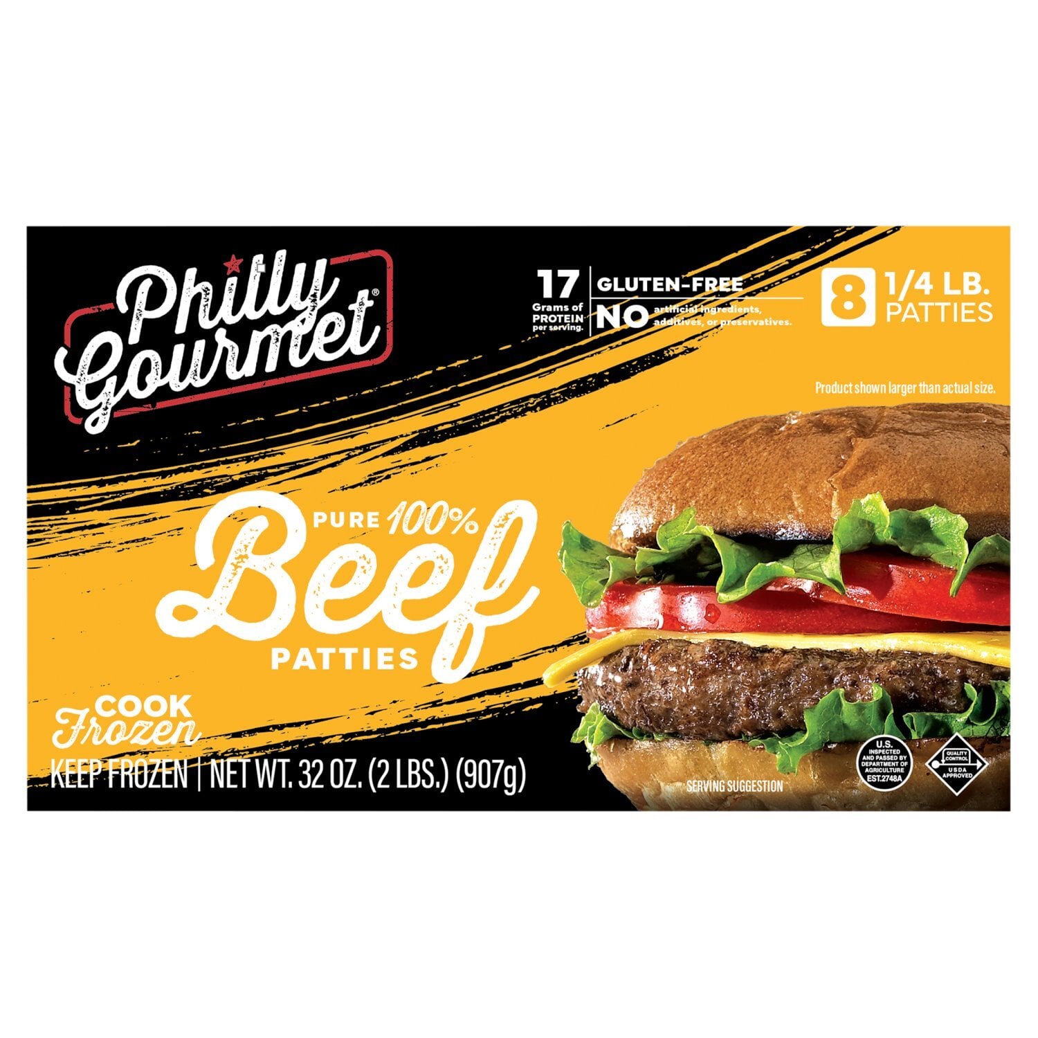 Philly Gourmet Pure 100% Beef Patties box. Features a burger with lettuce and tomato, text highlighting 8 quarter-pound patties, 17g protein each, gluten-free, and net weight of 32 oz (907g).