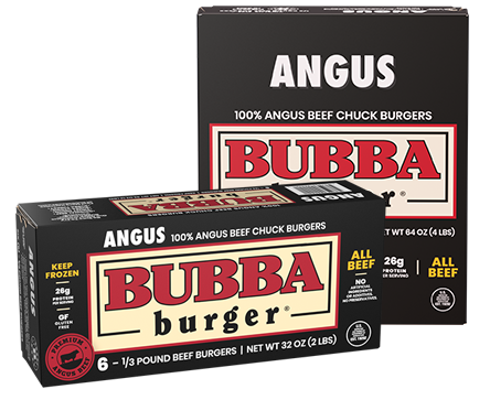 Two boxes of Bubba Burger Angus beef chuck burgers, one large and one small, both with black packaging, bold red and yellow Bubba Burger branding, and product information including weight and protein content.