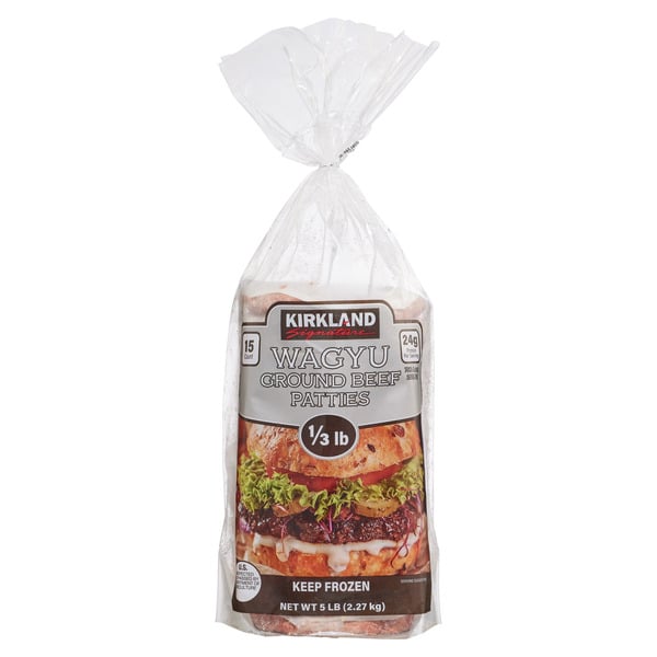 A plastic bag of Kirkland Signature Wagyu ground beef patties, labeled 1/3 lb each, 5 lbs total, with an image of a cooked burger on the front.