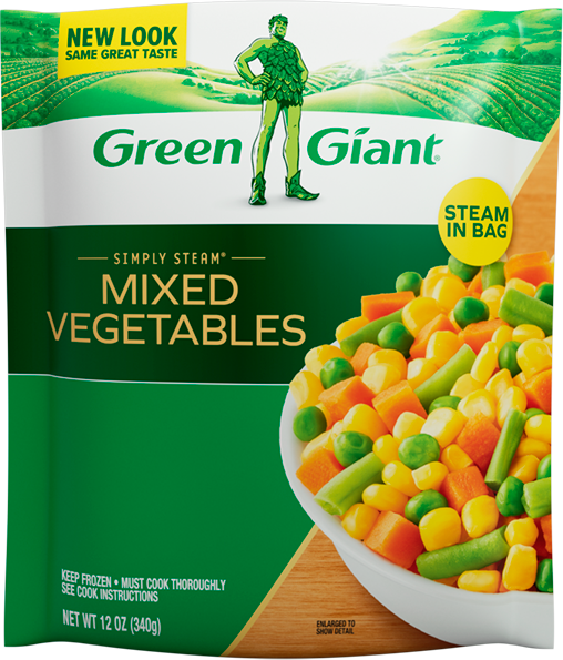 Bag of Green Giant Simply Steam Mixed Vegetables featuring corn, carrots, peas, and green beans in a white bowl. Package highlights “Steam in Bag” and “New Look.” Image of Green Giant mascot at the top.