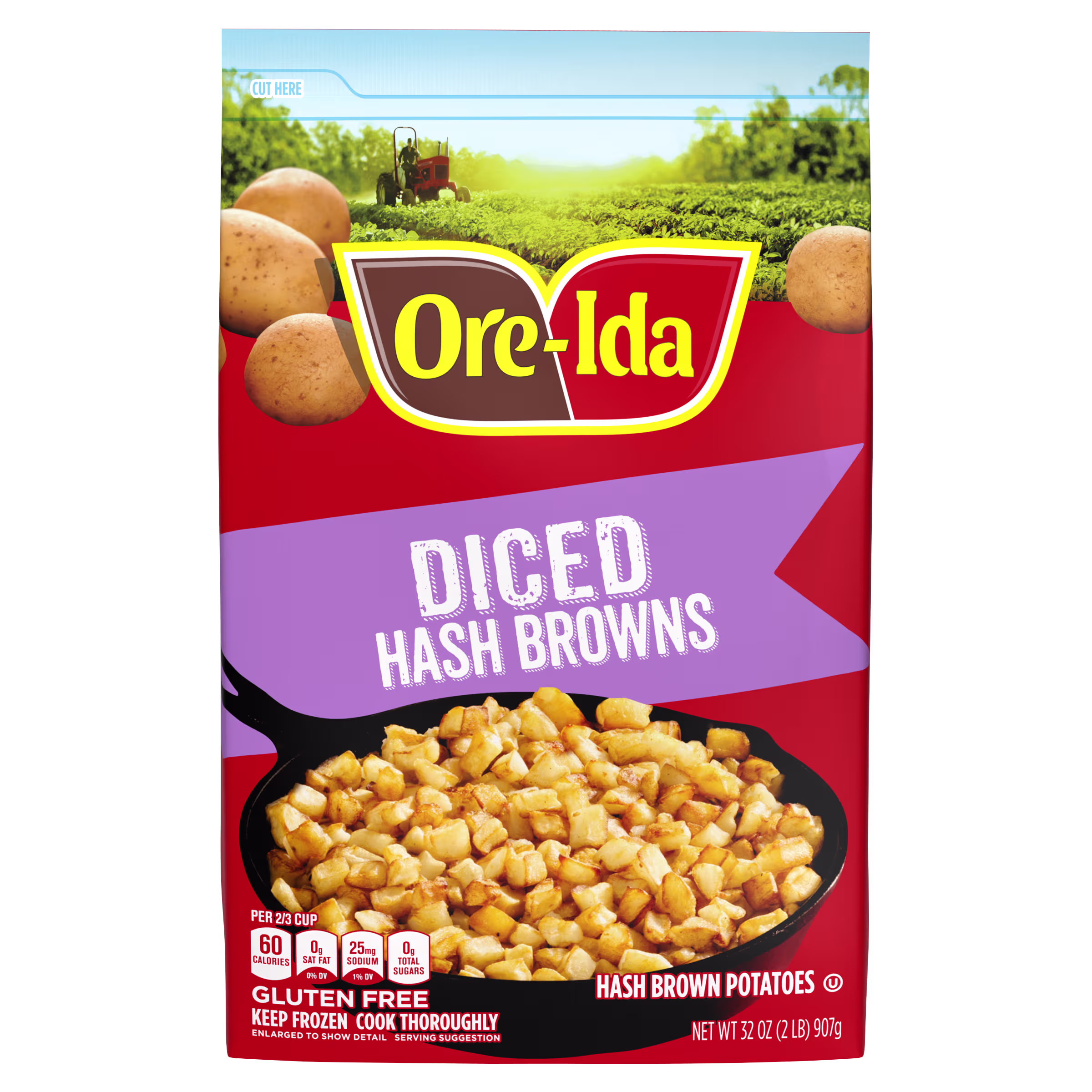Bag of Ore-Ida Diced Hash Browns showing diced potatoes in a skillet, with potatoes and a farm scene in the background. The packaging highlights that the product is gluten free and weighs 32 oz.