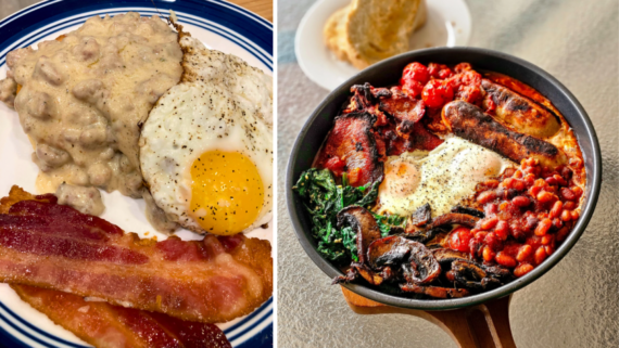 Two homemade breakfast plates: one with bacon, a sunny-side egg, biscuit with gravy, and beans; the other with sausages, bacon, egg, tomatoes, mushrooms, beans, and greens. A scone is blurred in the background.