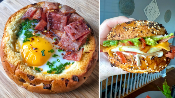 Left: Bread bowl with baked egg, chopped chives, and cubes of meat&mdash;a cozy addition to your breakfast recipes. Right: Hand holding a seeded sandwich bun filled with cheese, lettuce, avocado, tomato, and sauce. Both foods are served on rustic wooden surfaces.