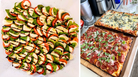 A platter of Caprese salad with mozzarella, tomatoes, and basil&mdash;just the kind of fresh food people whipped up at home&mdash;sits on the left. On the right, there are two rectangular pizzas, one topped with pepperoni and basil, the other with spinach and cheese.
