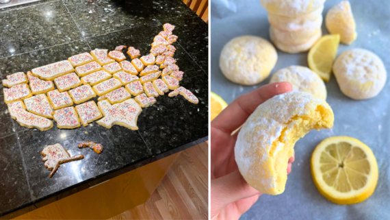 On the left, cookies shaped like U.S. states are decorated with sprinkles, reflecting the creativity often found in home cooking recipes. On the right, a hand holds a bitten lemon cookie, with lemon slices and more cookies dusted with powdered sugar in the background.