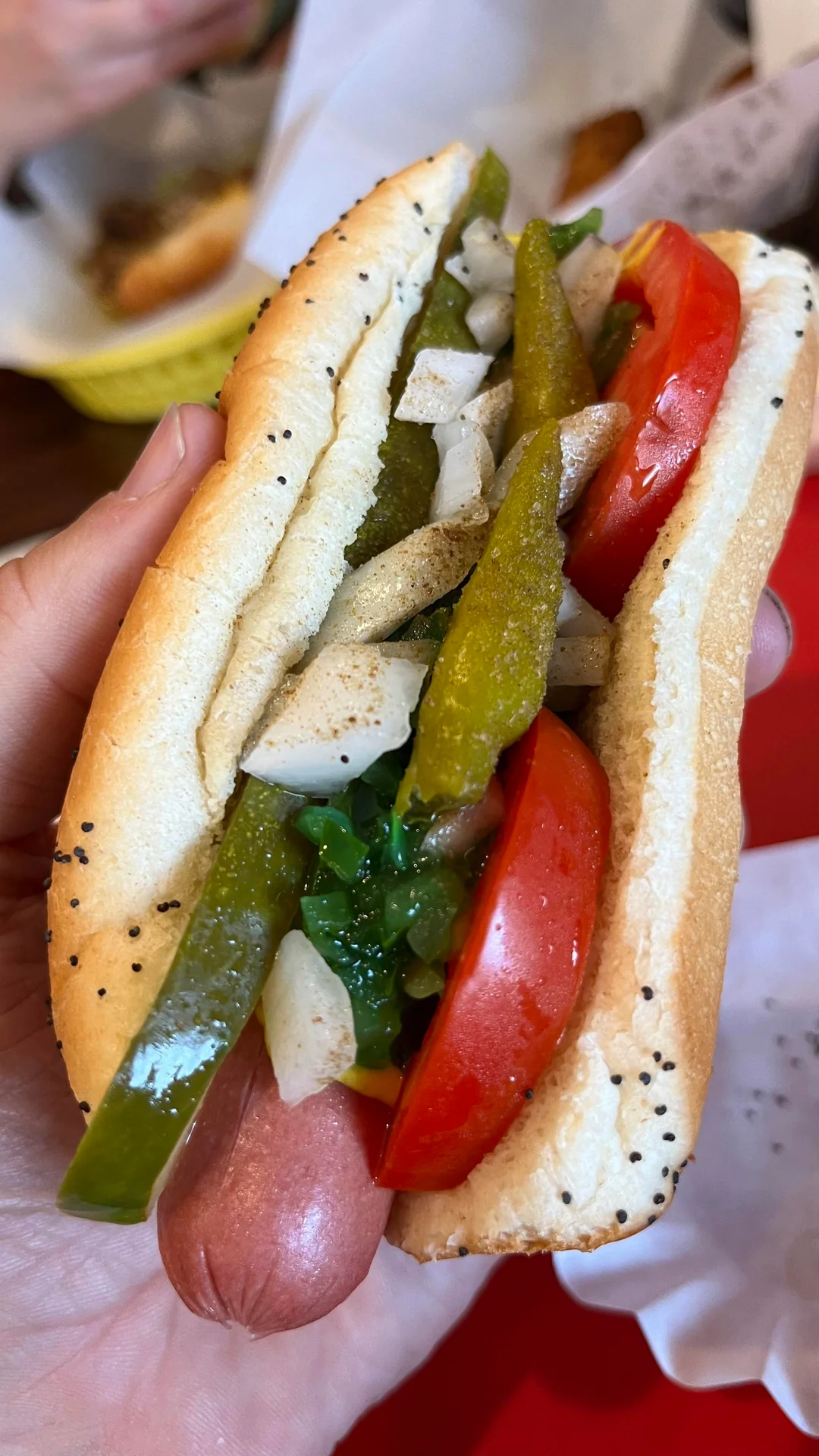 A hand holds a poppy seed bun hot dog topped with tomato slices, pickle spears, chopped onions, green relish, and peppers.