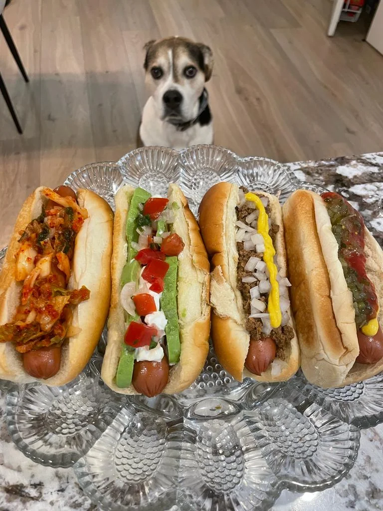 A dog looks up at four hot dogs on a glass plate, each topped differently with kimchi, avocado and tomato, onions and mustard, and salsa.