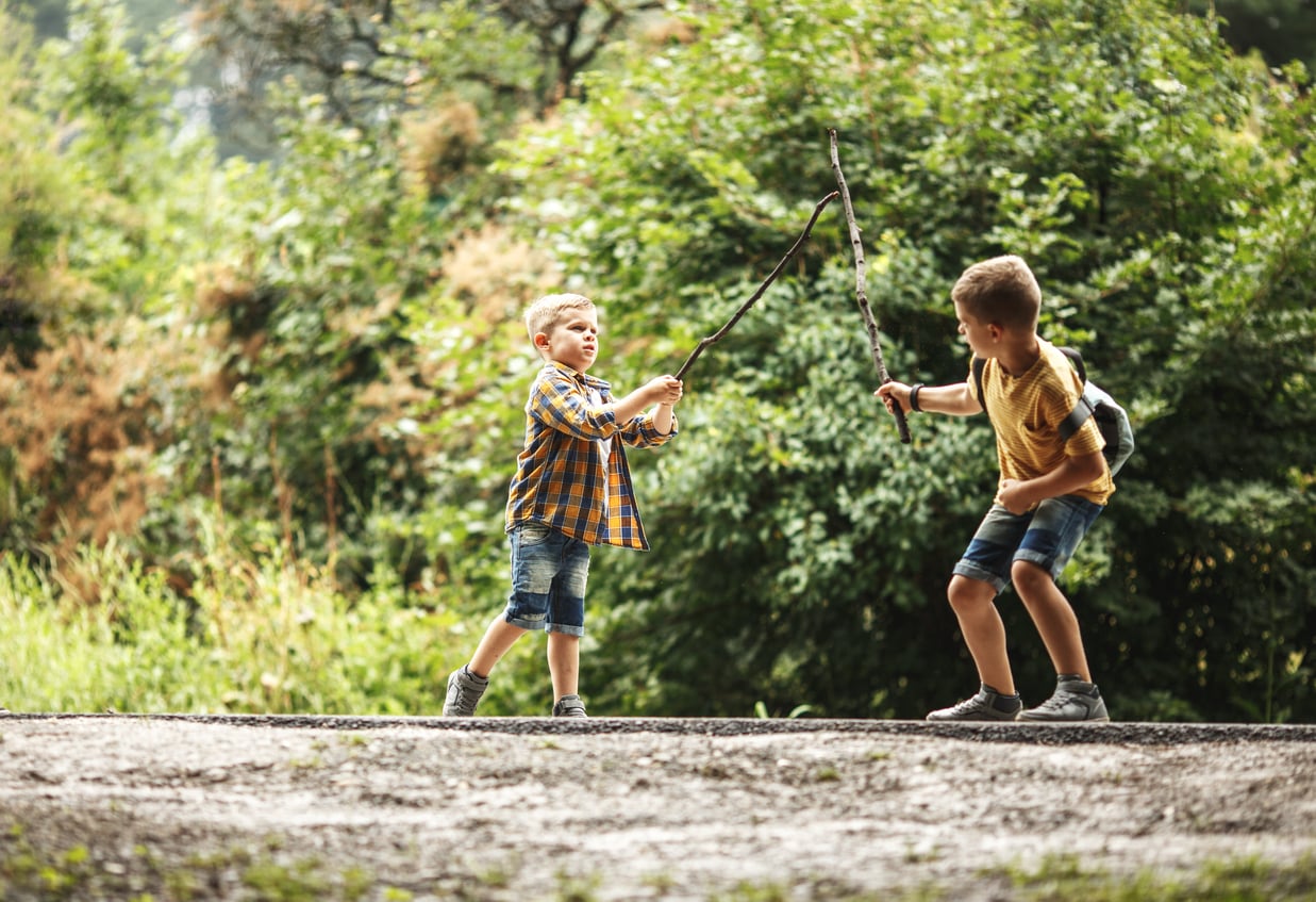 Two young boys playfully duel with sticks outdoors, surrounded by green bushes and trees. Both are wearing shorts; one in a plaid shirt and the other in a t-shirt with a backpack.