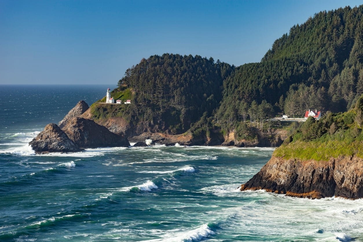 A white lighthouse sits atop a rocky, forested cliff overlooking the ocean, with waves crashing below and a few red-roofed buildings nearby under a clear blue sky—an iconic scene often found in charming beach towns.