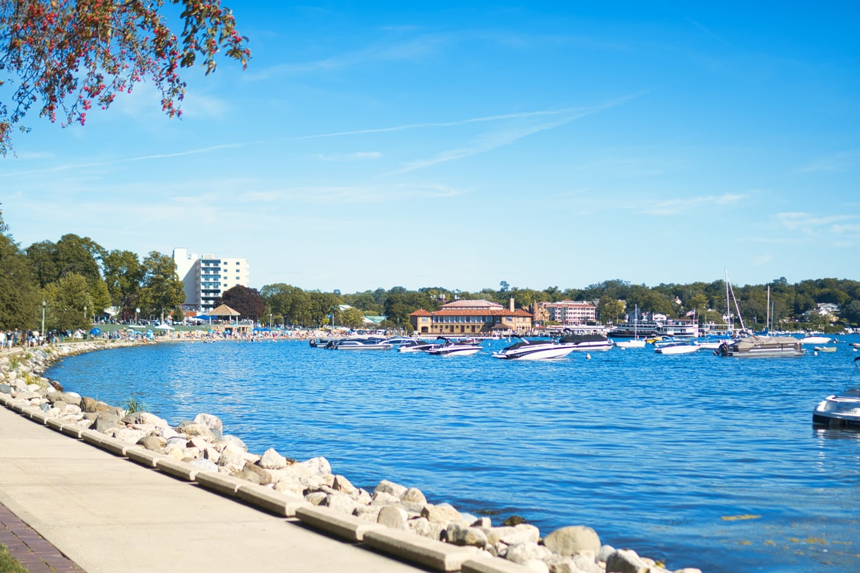 A sunny lakeside scene with boats docked in blue water, a rocky shoreline, a tree, and several buildings in the background under a clear sky.