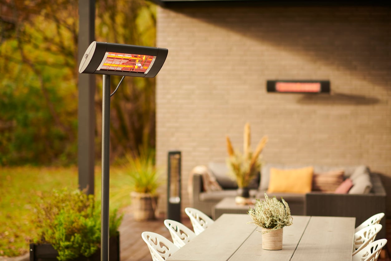 An outdoor patio with a table and chairs, a potted plant centerpiece, and a tall electric patio heater showcases stylish outdoor home products. In the background, there's a sofa with cushions and another wall-mounted heater.