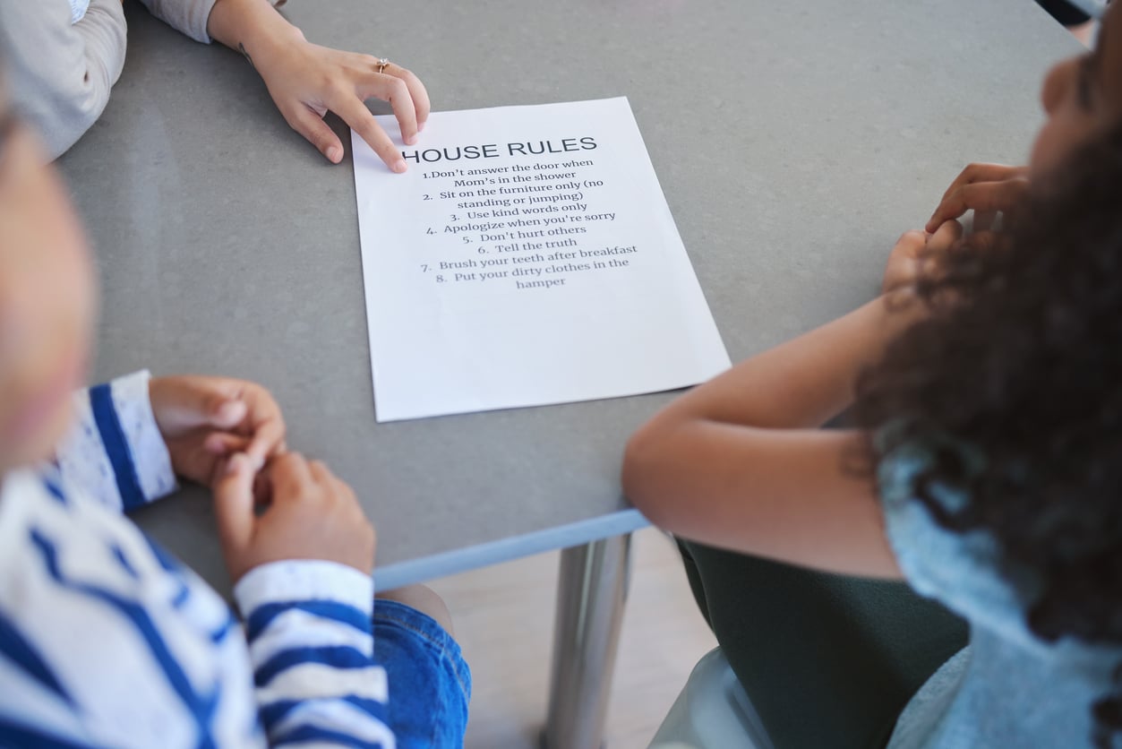 Three children sit at a table, looking at a printed list titled "House Rules." An adult’s hand points at the paper, which contains rules such as cleaning up, brushing teeth, and putting dirty clothes in the hamper—reminding everyone that following these guidelines can help avoid household chaos much like following instructions helps prevent hotel booking mistakes.