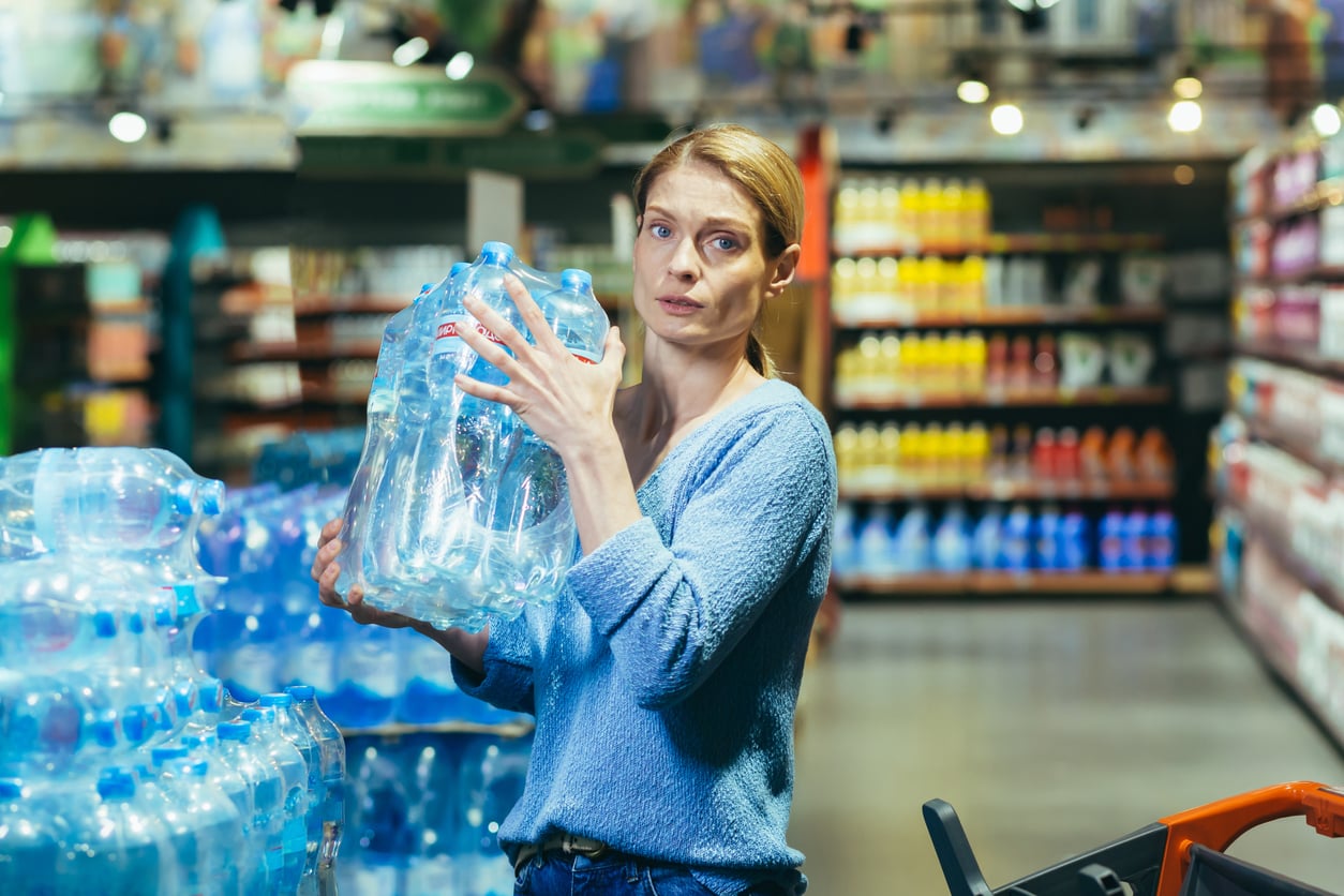 A woman in a blue sweater holds a pack of bottled water in a grocery store aisle, mindful of household expenses. Shelves with bottled drinks are visible in the background as she looks toward the camera.