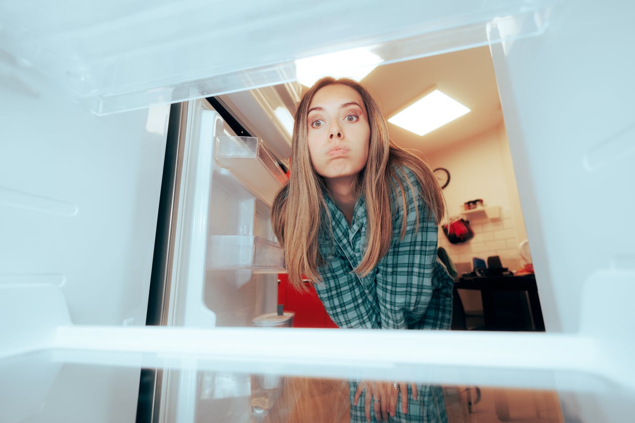 A woman in a plaid shirt looks into an open, mostly empty refrigerator with a curious expression, as seen from inside the fridge. The kitchen is visible in the background.