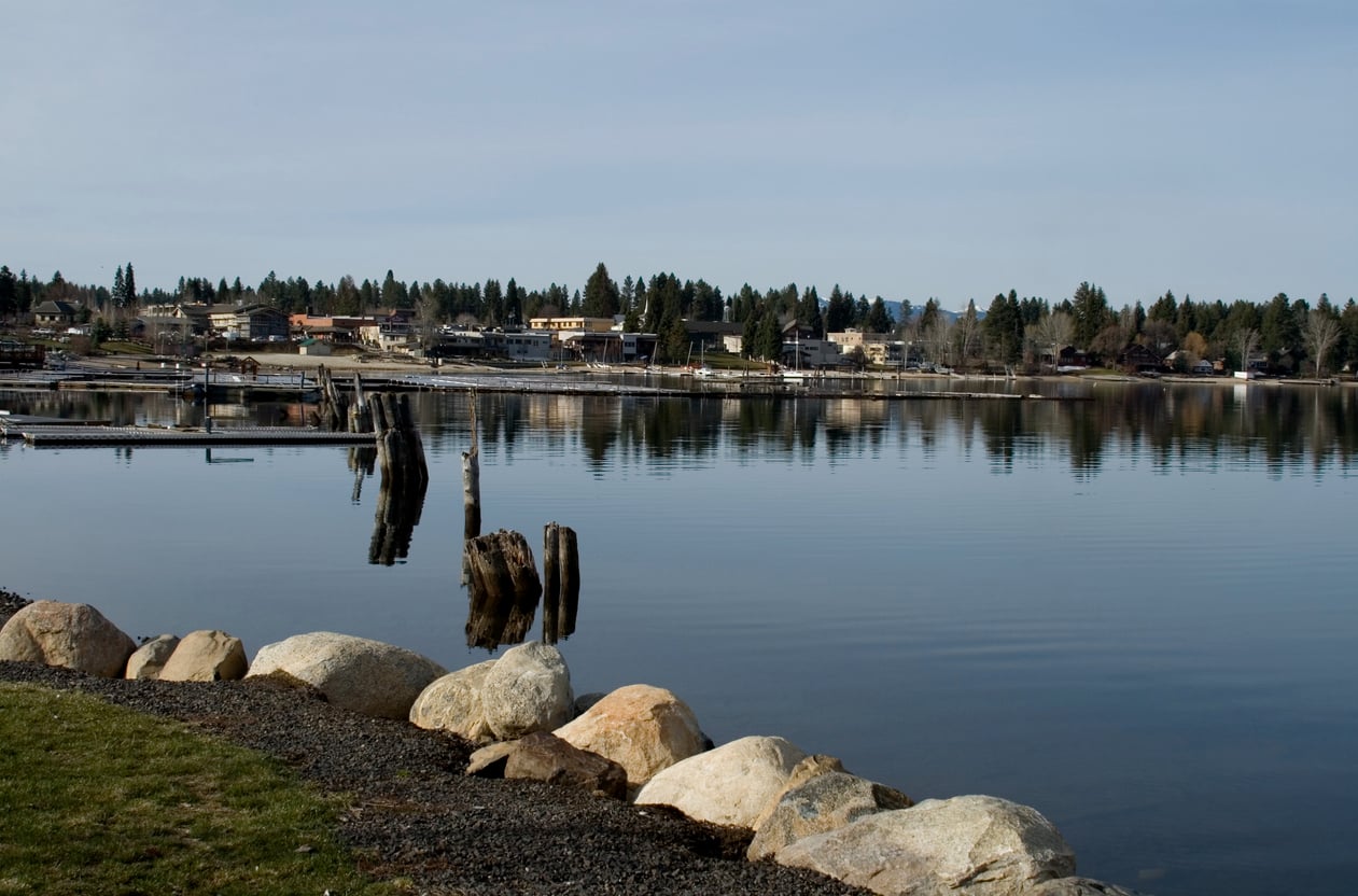 Calm lake with rocks in the foreground, wooden posts in the water, and a small town with trees along the shoreline under a clear sky.