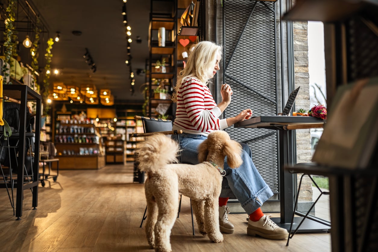 Woman with blond hair works on a laptop at a café table near a window, wearing a red and white striped sweater. A fluffy dog stands beside her, looking toward the window. Warm, cozy atmosphere with shelves in the background.