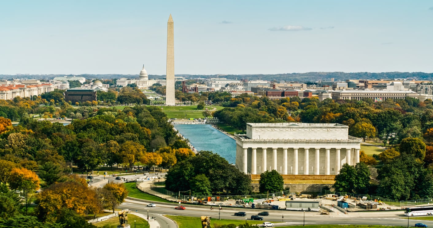 Aerial view of the National Mall in Washington, D.C., showcasing one of the most iconic landmarks found in big cities in America—the Lincoln Memorial, Reflecting Pool, Washington Monument, and U.S. Capitol—surrounded by trees and buildings on a clear day.