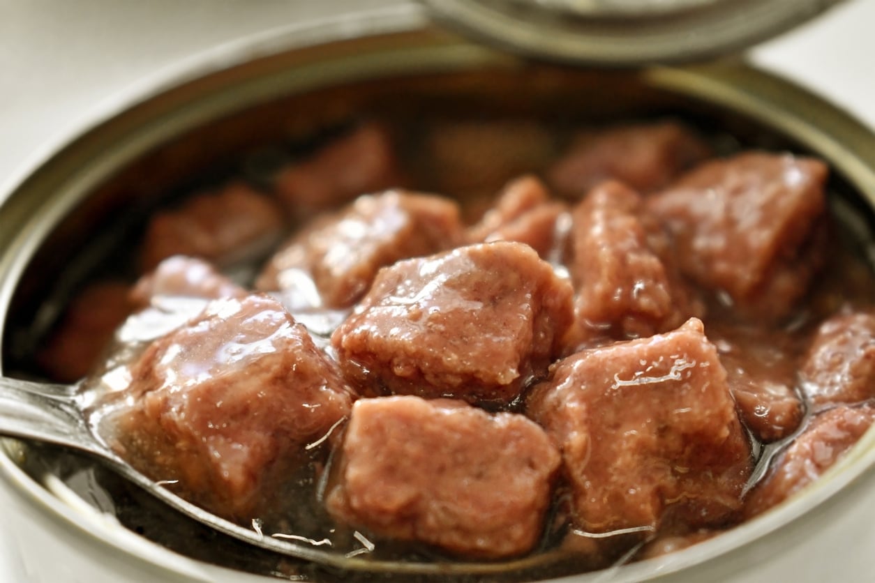 A close-up of an open can of wet pet food, showing chunks of meat in gravy with a spoon inside.