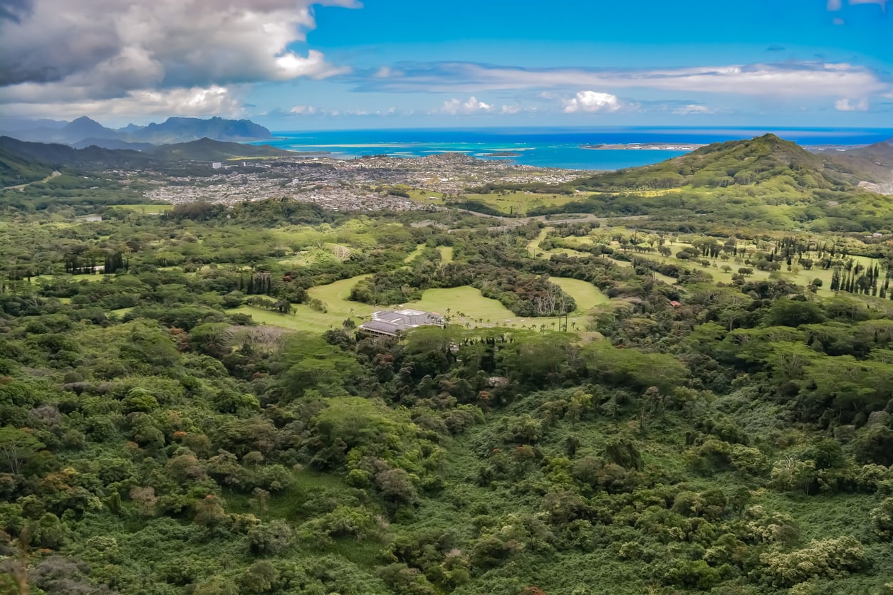Aerial view of lush green landscape with dense forests, rolling hills, a building in the center, and a distant town near the blue ocean under a partly cloudy sky.